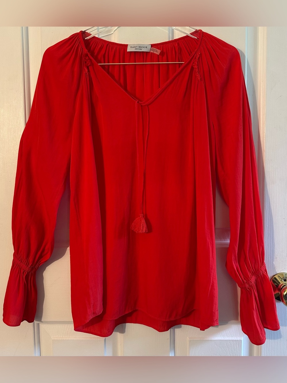 RAMY BROOK Small Bohemian Boho Feminine Red Satin Poet Romantic Blouse Tassels